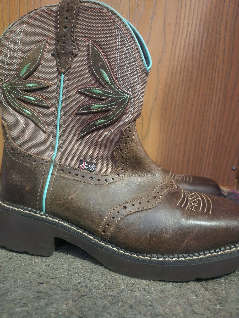 Justin Boots Brown Leather Work Western Boot with Turquoise Trim